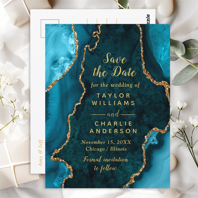 Teal Blue and Gold Agate Marble Save The Date Postcard (Creator Uploaded)