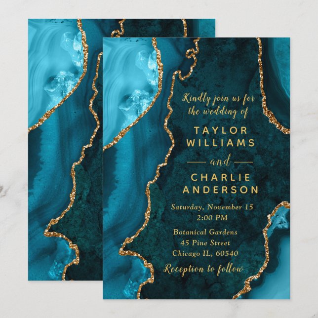 Teal Blue and Gold Agate Marble Wedding Invitation (Front/Back)