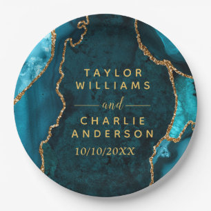 Teal Blue and Gold Agate Marble Wedding Paper Plate