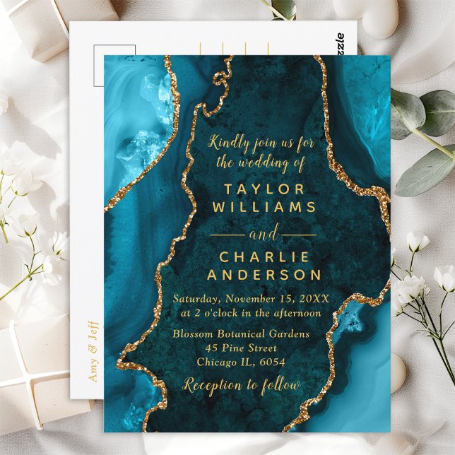 Teal Blue and Gold Agate Marble Wedding Postcard (Creator Uploaded)