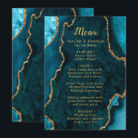 Teal Blue and Gold Agate Wedding Menu<br><div class="desc">Display your meal selections in style with this elegant wedding menu featuring a teal blue agate marble design accented with gold details. The geode-inspired background creates a sophisticated look, perfect for fall and winter weddings, formal celebrations, or evening events. Designed to coordinate with your wedding stationery suite, this menu is...</div>