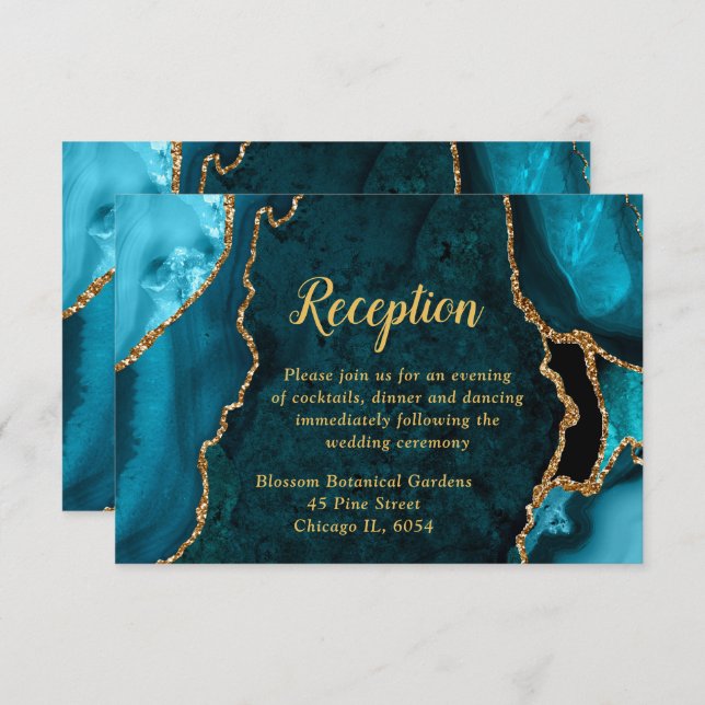 Teal Blue and Gold Agate Wedding Reception Enclosure Card (Front/Back)