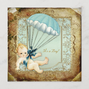 Teal Blue and Gold Boys Vintage Baby Shower Invitation