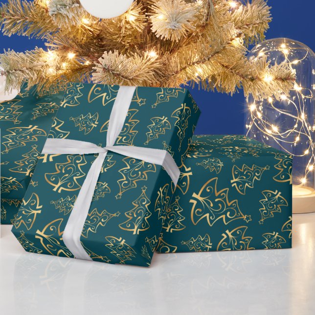 Teal Blue and Gold Elegant Christmas Trees Wrapping Paper (Holidays)