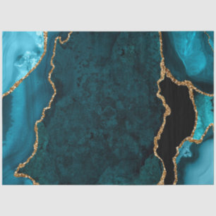 Teal Blue and Gold Faux Glitter Agate Tissue Paper