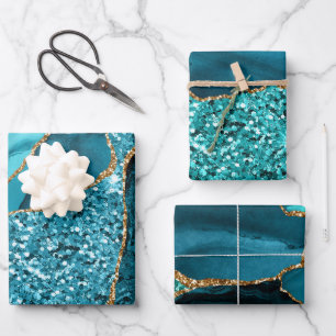 Teal Blue and Gold Faux Glitter Agate Wrapping Paper Sheet