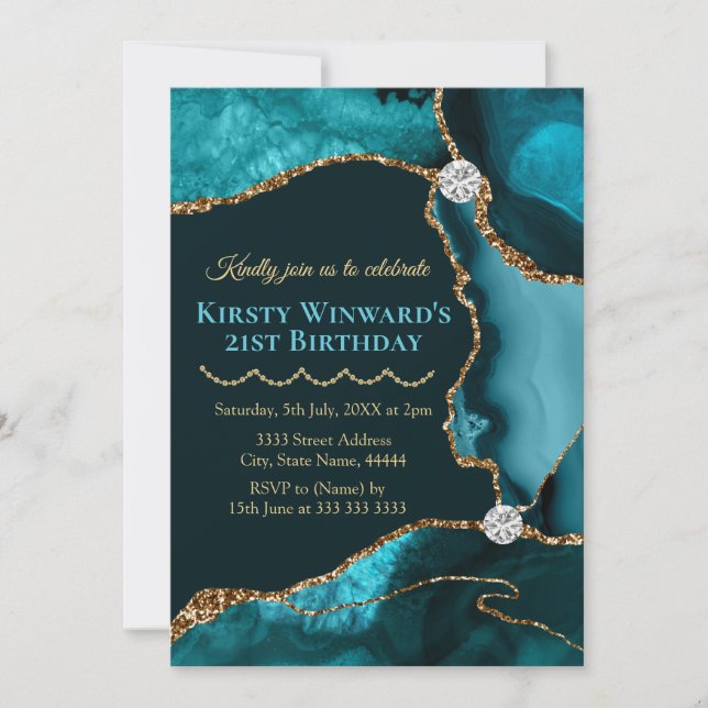 Teal Blue and Gold Glitter Agate Birthday Party Invitation (Front)