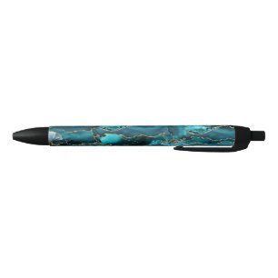 Teal Blue and Gold Glitter Agate Black Ink Pen