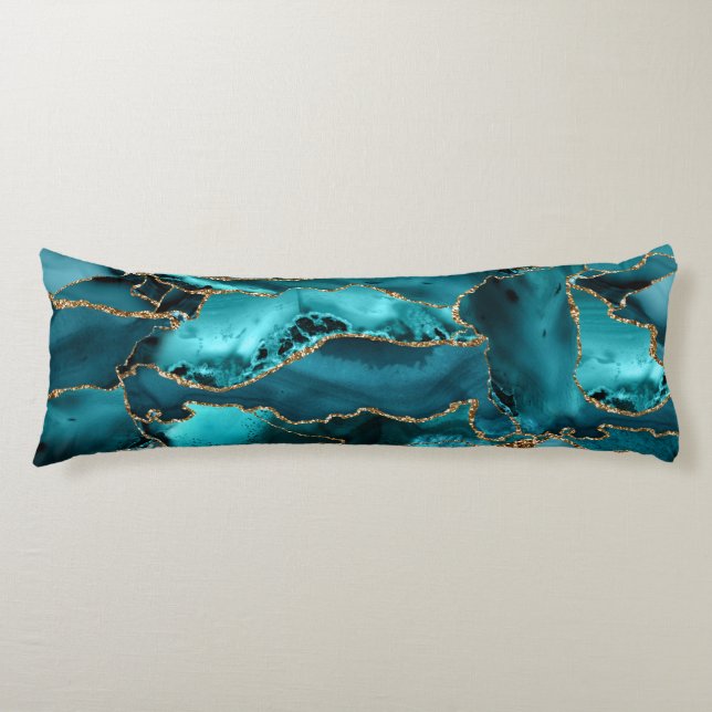 Teal Blue and Gold Glitter Agate Body Pillow (Front)