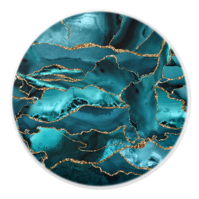 Teal Blue and Gold Glitter Agate Ceramic Knob (Front)