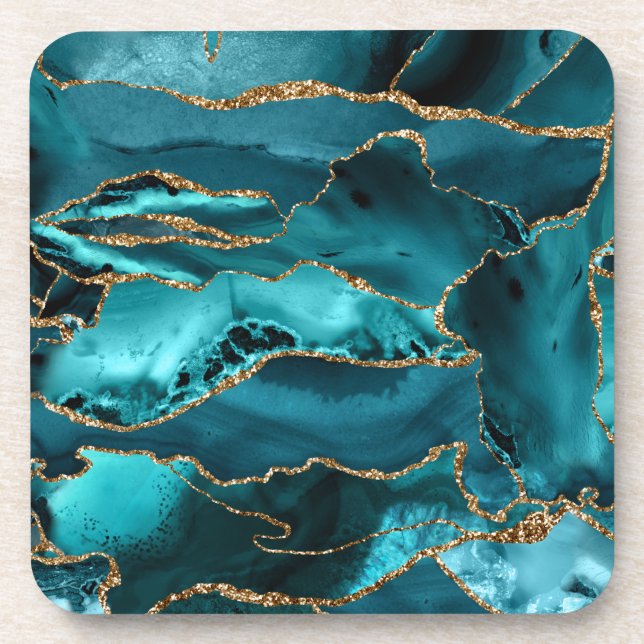 Teal Blue and Gold Glitter Agate Coaster (Front)