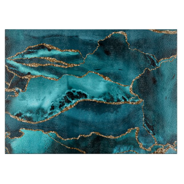 Teal Blue and Gold Glitter Agate Cutting Board (Front)