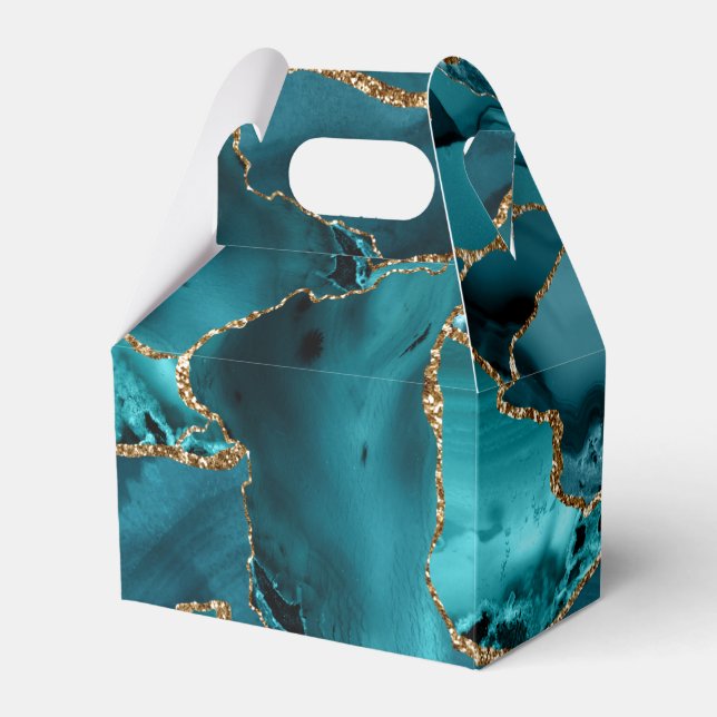 Teal Blue and Gold Glitter Agate Favor Box (Front Side)