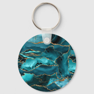 Teal Blue and Gold Glitter Agate Keychain