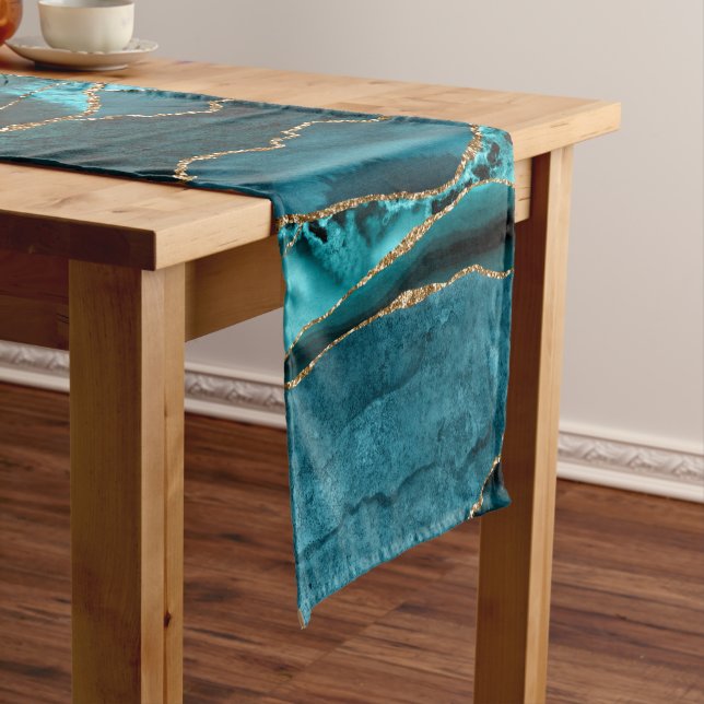 Teal Blue and Gold Glitter Agate Medium Table Runner (In Situ)