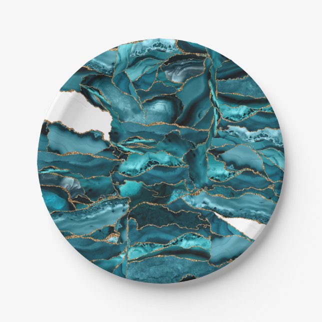 Teal Blue and Gold Glitter Agate Paper Plate (Front)
