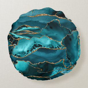 Teal Blue and Gold Glitter Agate Round Pillow