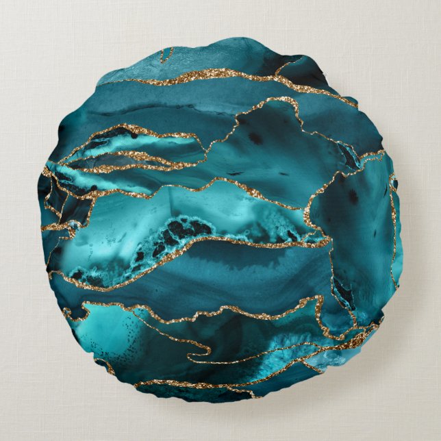 Teal Blue and Gold Glitter Agate Round Pillow (Back)