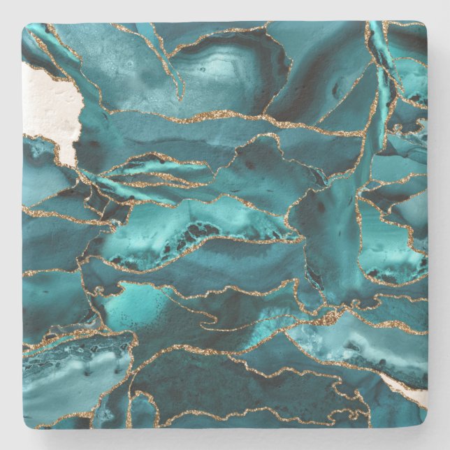 Teal Blue and Gold Glitter Agate Stone Coaster (Front)