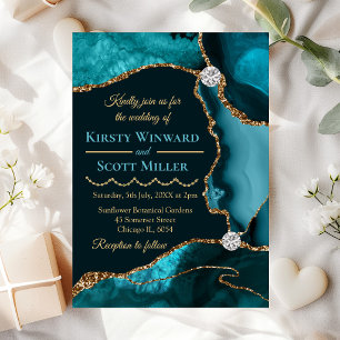 Teal Blue and Gold Glitter Agate Wedding Invitation