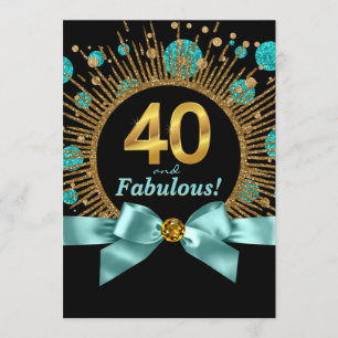 Teal Blue and Gold Glitter Womans 40th Birthday Invitation