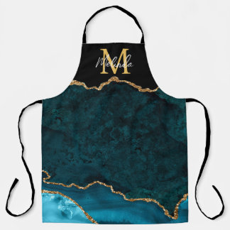 Teal Blue and Gold Marble Agate Apron