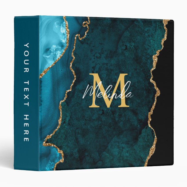 Teal Blue and Gold Marble Agate Binder (Front/Spine)