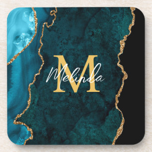 Teal Blue and Gold Marble Agate Coaster