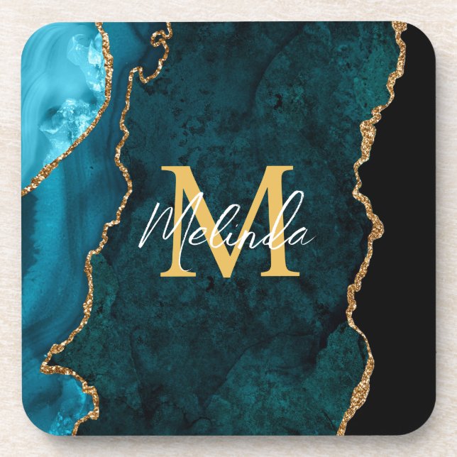 Teal Blue and Gold Marble Agate Coaster (Front)