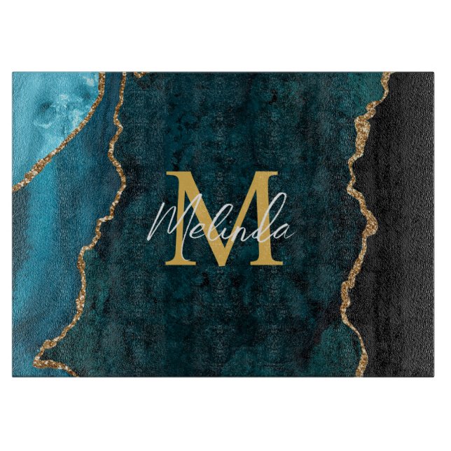 Teal Blue and Gold Marble Agate Cutting Board (Front)