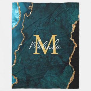 Teal Blue and Gold Marble Agate Fleece Blanket