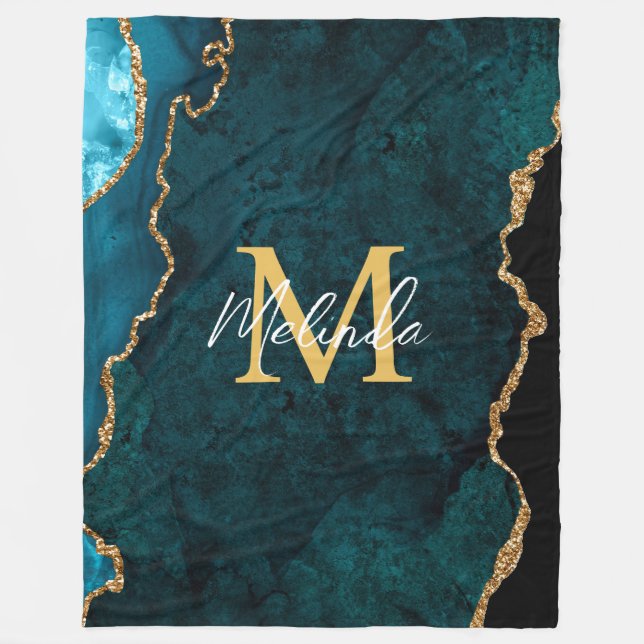 Teal Blue and Gold Marble Agate Fleece Blanket (Front)