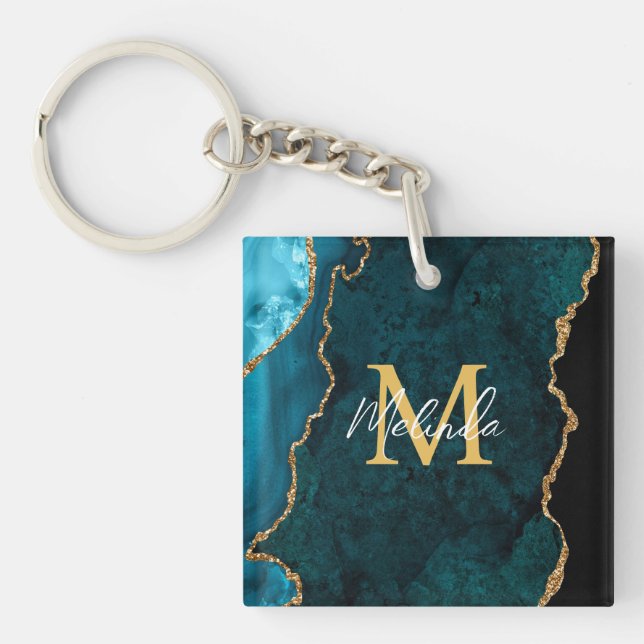 Teal Blue and Gold Marble Agate Keychain (Front)