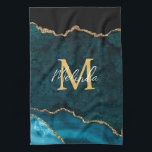 Teal Blue and Gold Marble Agate Kitchen Towel<br><div class="desc">This kitchen towel features an elegant and glamourous agate marble background with geode gemstone detailing and faux gold glitter accents. The monogram combines handwritten script and modern sans serif fonts for a classy and sophisticated look. This will make the ideal gift as it can be customized with a name and...</div>
