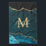 Teal Blue and Gold Marble Agate Kitchen Towel<br><div class="desc">This kitchen towel features an elegant and glamourous agate marble background with geode gemstone detailing and faux gold glitter accents. The monogram combines handwritten script and modern sans serif fonts for a classy and sophisticated look. This will make the ideal gift as it can be customized with a name and...</div>