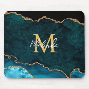 Teal Blue and Gold Marble Agate Mouse Pad