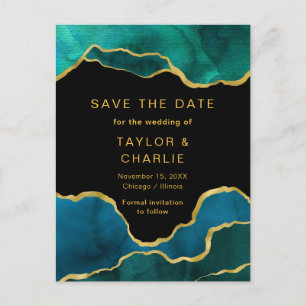 Teal Blue and Gold Painted Agate Save the Date Pos Postcard