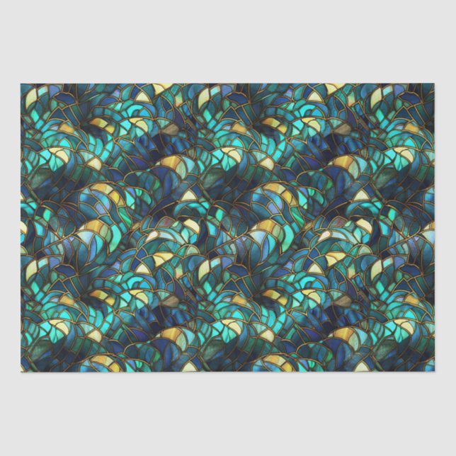 Teal, Blue and Gold Peacock Stained Glass Tissue Paper (Front)