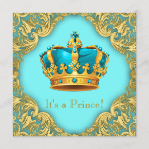Teal Blue and Gold Prince Baby Shower Invitation