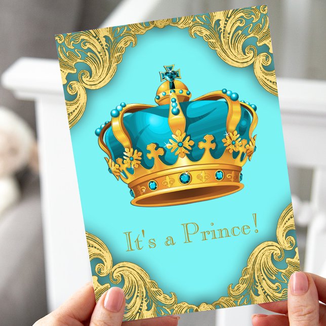 Teal Blue and Gold Prince Baby Shower Invitation (Creator Uploaded)