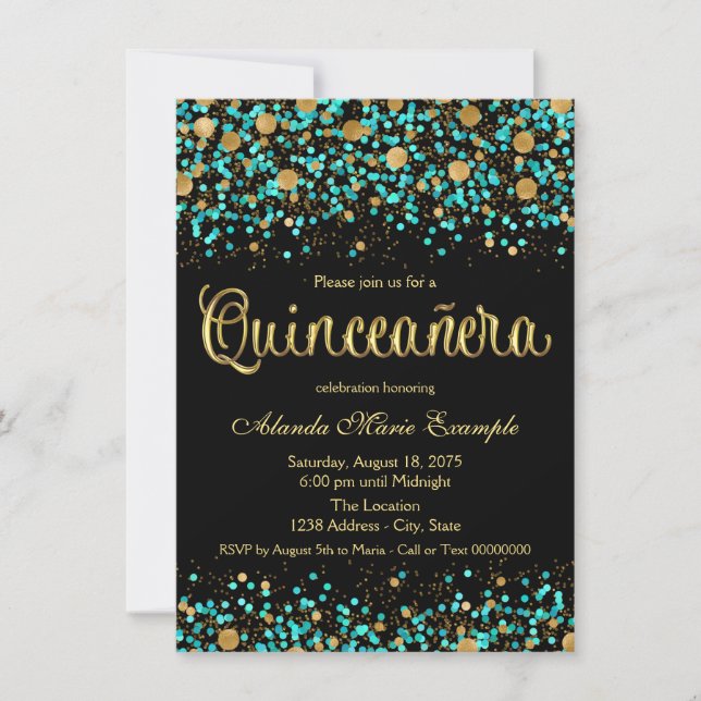 Teal Blue and Gold Quinceanera Invitation (Front)