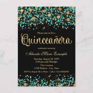 Teal Blue and Gold Quinceanera Invitation