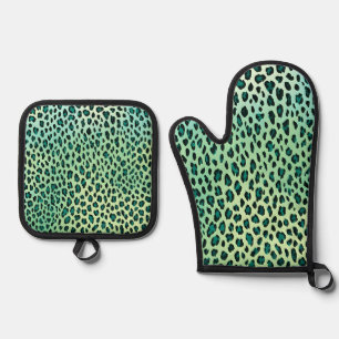 Teal Blue And Green Leopard Print Oven Mitt & Pot Holder Set