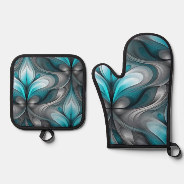 Teal Blue and Grey Abstract Art Design Print Oven Mitt & Pot Holder Set (Front)