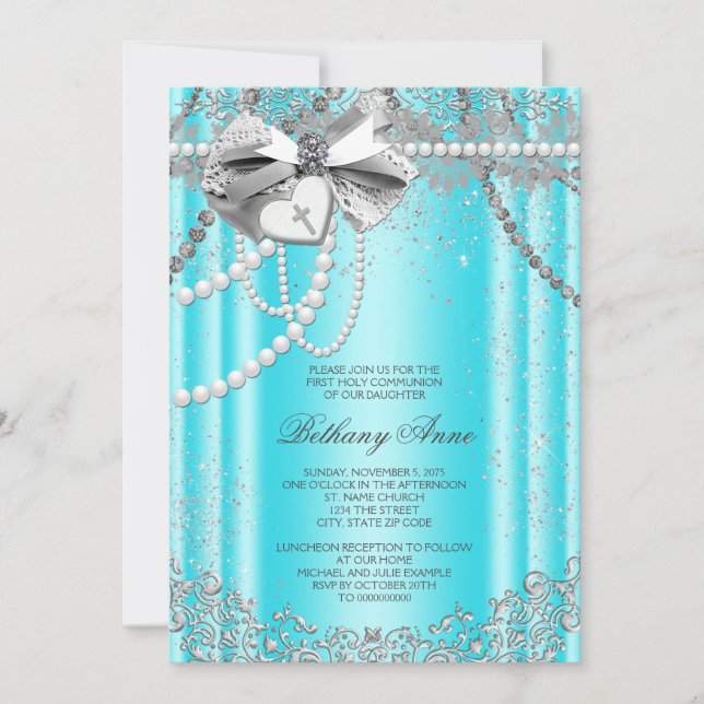 Teal Blue and Grey Pearl First Communion Invitation (Front)