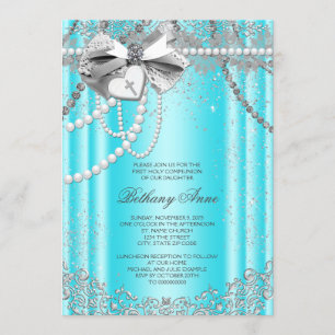 Teal Blue and Grey Pearl First Communion Invitation
