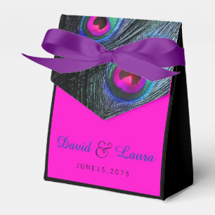 Teal Blue and Hot Pink Peacock Wedding Favor Box
