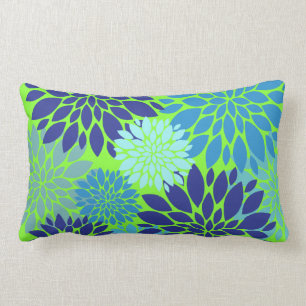 Teal Blue and Lime Green Flower Art Floral Print Lumbar Pillow