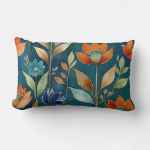 Teal, blue and orange floral lumbar pillow