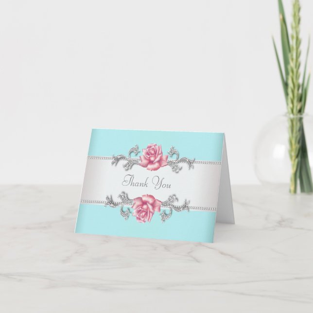 Teal Blue and Pink Rose Thank You Cards (Front)